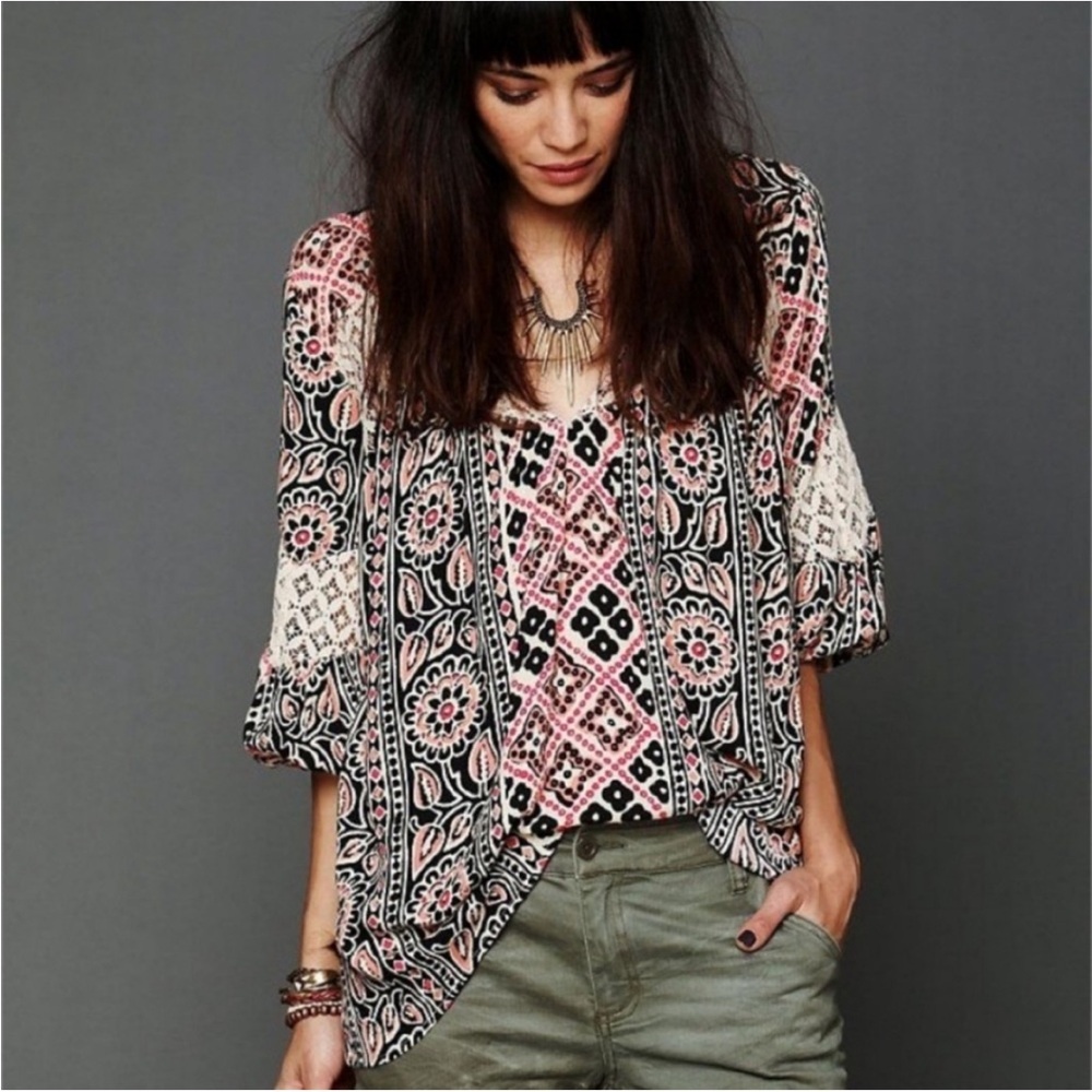 Free People‎ Crochet Lace Boho Floral Tunic Top Small